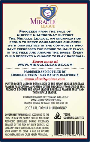 Chipper Jones, Chipper Chardonnay wine label back Chipper Jones, Chipper Chardonnay wine label back