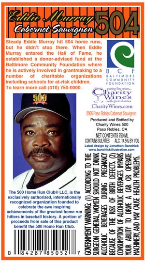 Eddie Murray 504 Cabernet Sauvignon wine label back Eddie Murray 504 Cabernet Sauvignon wine label back