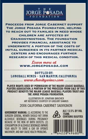 Jorge Posada, Jorge Cabernet wine label back Jorge Posada, Jorge Cabernet wine label back