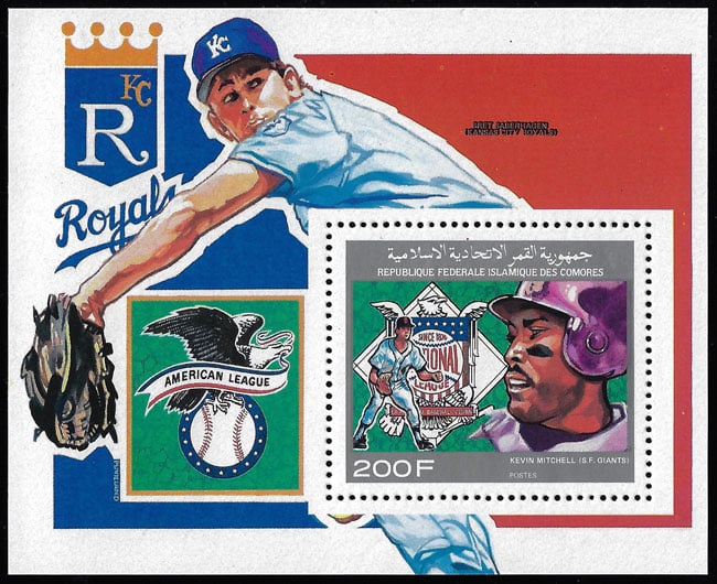 1990 Comoro Islands – Kevin Mitchell with Bret Saberhagen Souvenir Sheet