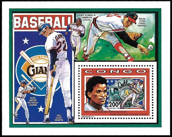 1991 Congo – Rickey Henderson, Barry Bonds, Nolan Ryan, Sandy Alomar Jr, Dave Justice & Will Clark Souvenir Sheet